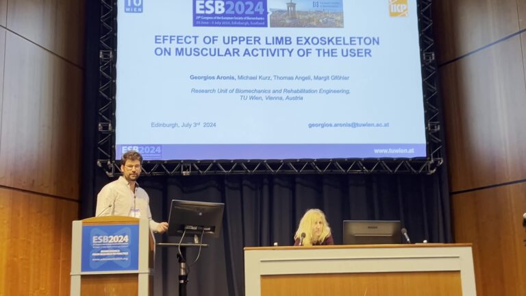 Georgios Aronis presenting Effect of upper limb Exoskeleton on muscular activity of the user