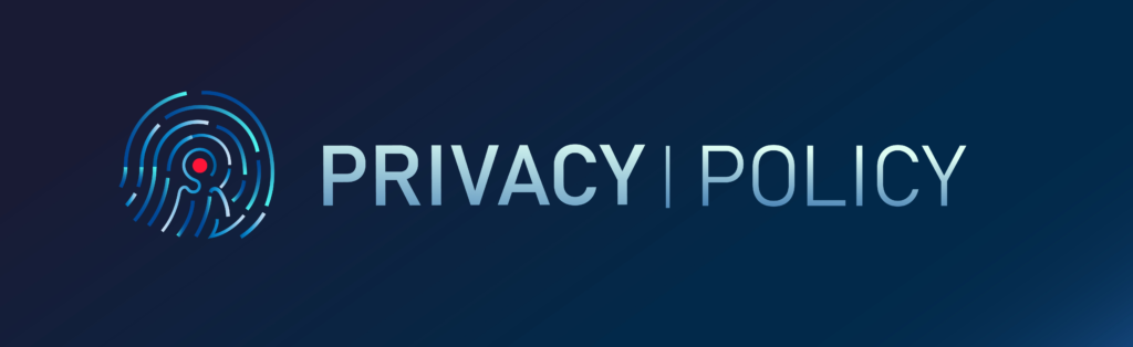 Privacy Policy written in light blue letters on dark blue background, a fingerprint on the left