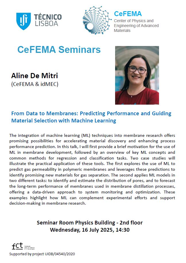 Seminar by Aline de Mitri: "From Data to Membranes: Predicting Performance and Guiding Material Selection with Machine Learning"